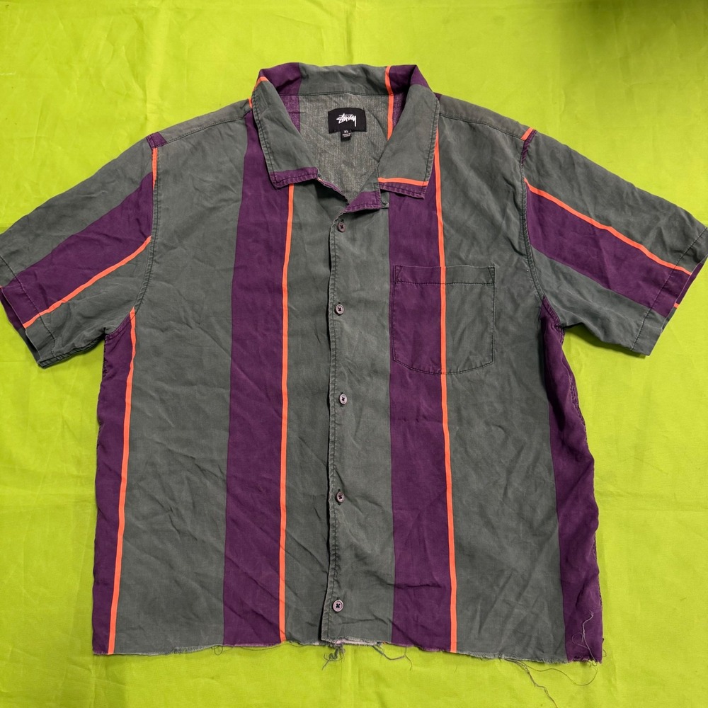 Stussy Large Vertical Stripe Short Sleeve Button Down Shirt Cropped Grey Purple